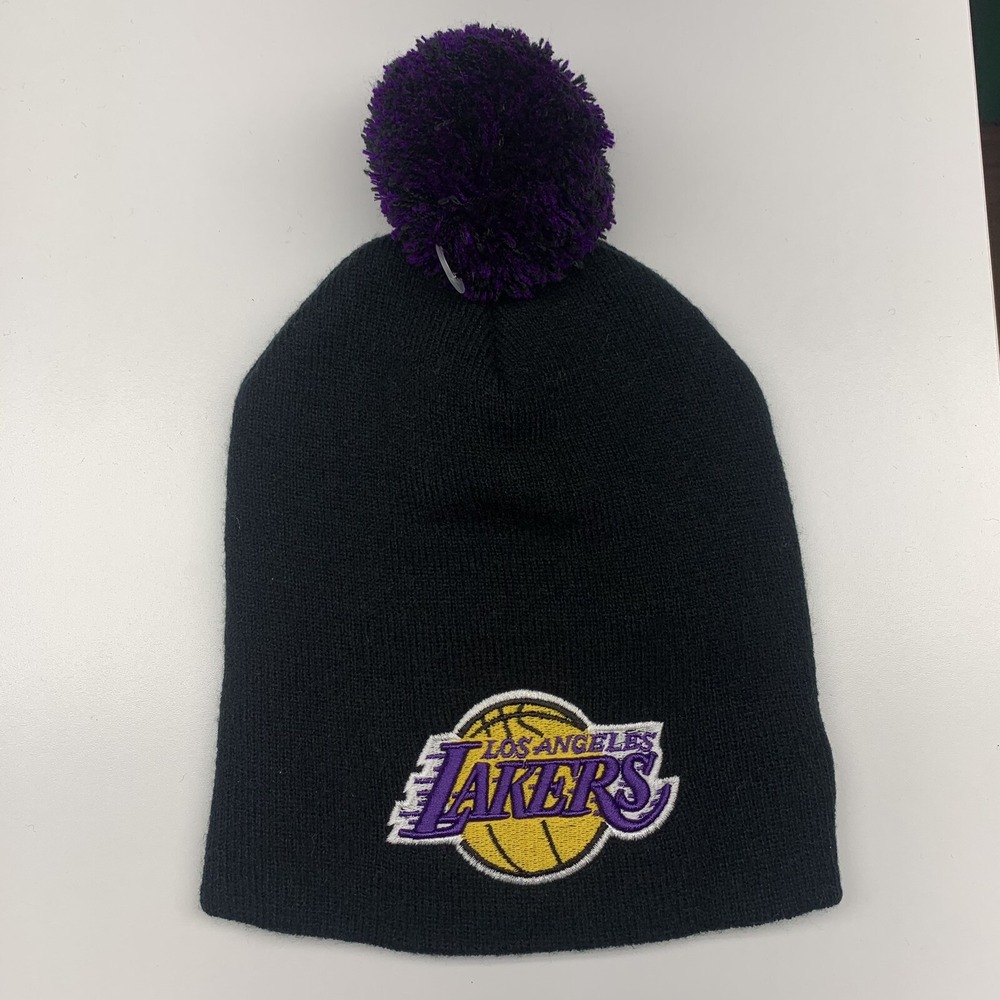 Los Angeles Lakers Beanie Winter Hat One Size Uncuffed Pom Pom Black OSFA